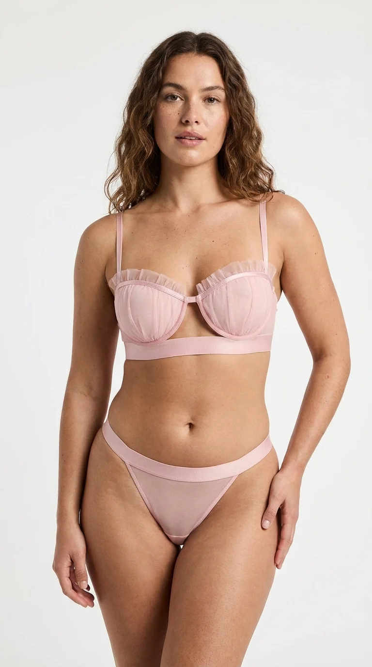 LunaIntim Vizon Tül Fırfırlı Sütyen Takımı Saten Detaylı ve Pencereli Modern Set - Alt Parça ve Takım Görünümü